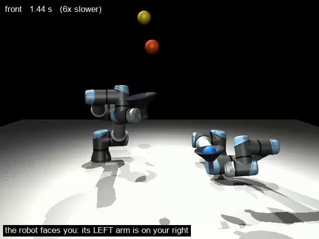 Two simulated robot arms juggling three balls
